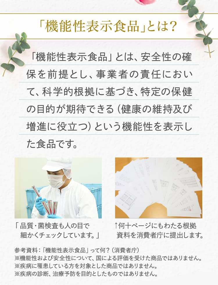 「機能性表示食品」とは？ 「機能性表示食品」とは、安全性の確保を前提とし、事業者の責任において、科学的根拠に基づき、特定の保健の目的が期待できる（健康の