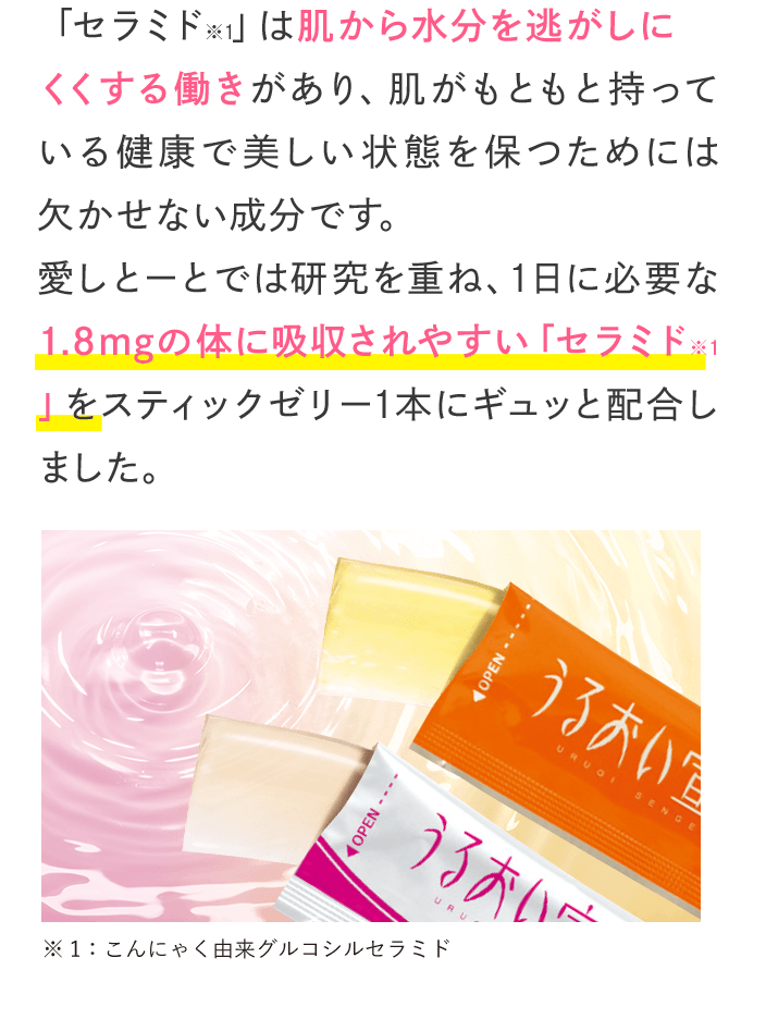 「セラミド※1」は肌から水分を逃がしにくくする働きがあり、肌がもともと持っている健康で美しい状態を保つためには欠かせない成分です。