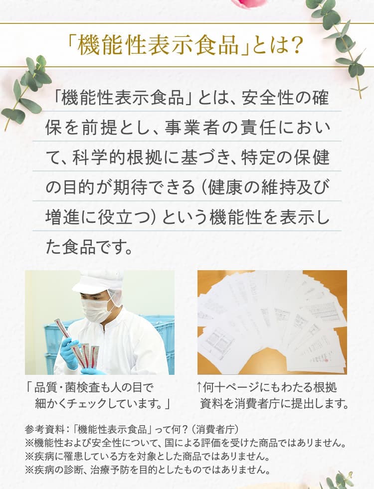 「機能性表示食品」とは？ 「機能性表示食品」とは、安全性の確保を前提とし、事業者の責任において、科学的根拠に基づき、特定の保健の目的が期待できる（健康の