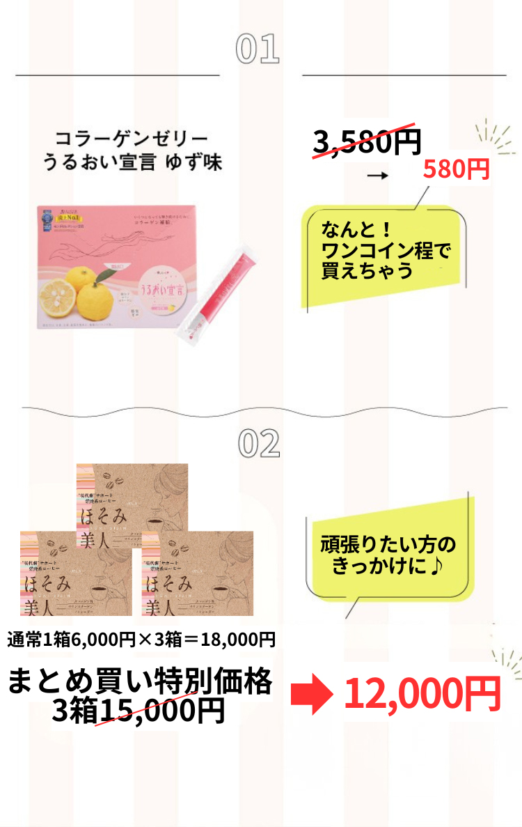 [01]コラーゲンゼリーうるおい宣言 ゆず味 3,580円→580円 [02]ほそみ美人 まとめ買い特別価格3箱15,000円→12,000円